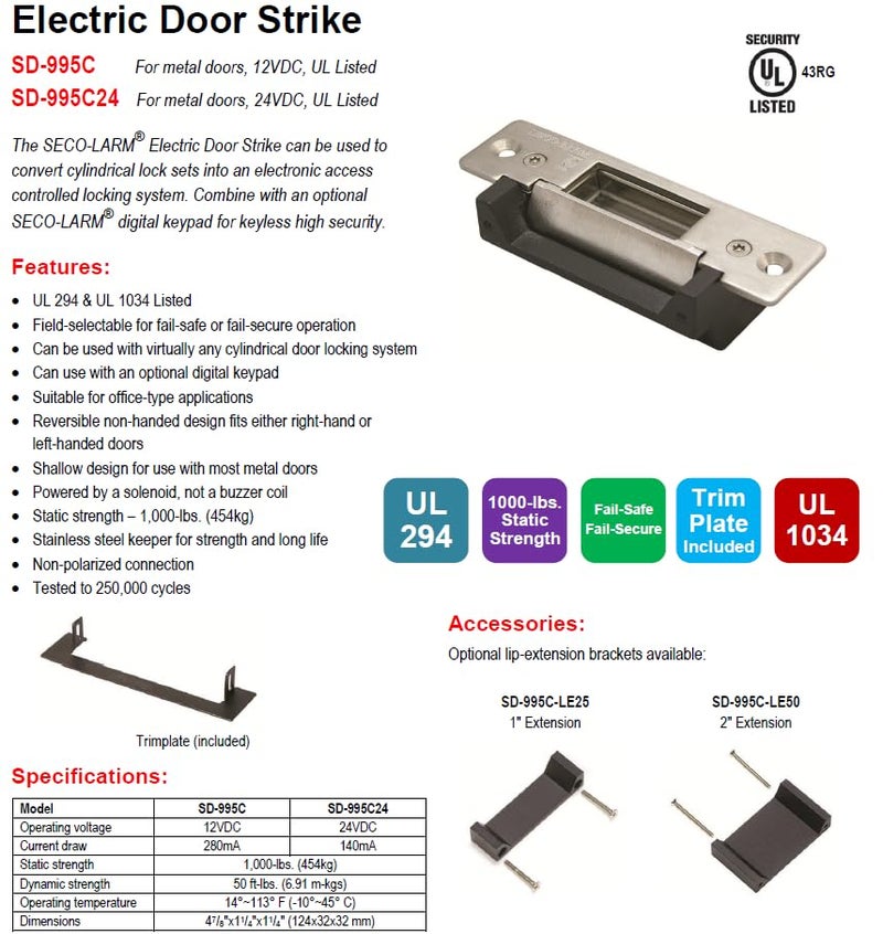 سيكو-لارم Seco-Larm SD-995C ضربة باب كهربائية آمنة من الفشل أو آمنة من الفشل للأبواب المعدنية، قوة ثابتة 1000 رطل. (454 كجم)، يمكن استخدامه مع أي نظام قفل باب أسطواني تقريبًا - Image 3
